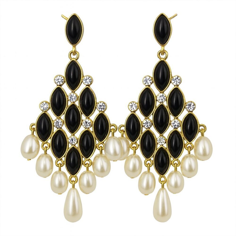 Vintage Pearl Crystal and Faux Black Onyx Statement Earrings
